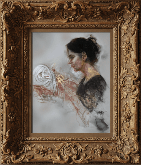 Pastelna slika akademske slikarice Elle Fleš u bogatom baroknom okviru prikazuje autoricu ove web stranice Tihanu kako radi čipku.