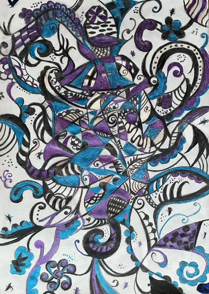 Šaroliki apstraktni crtež flomasterima sa mnogo zavijutaka i različitih geometrijskih detalja.