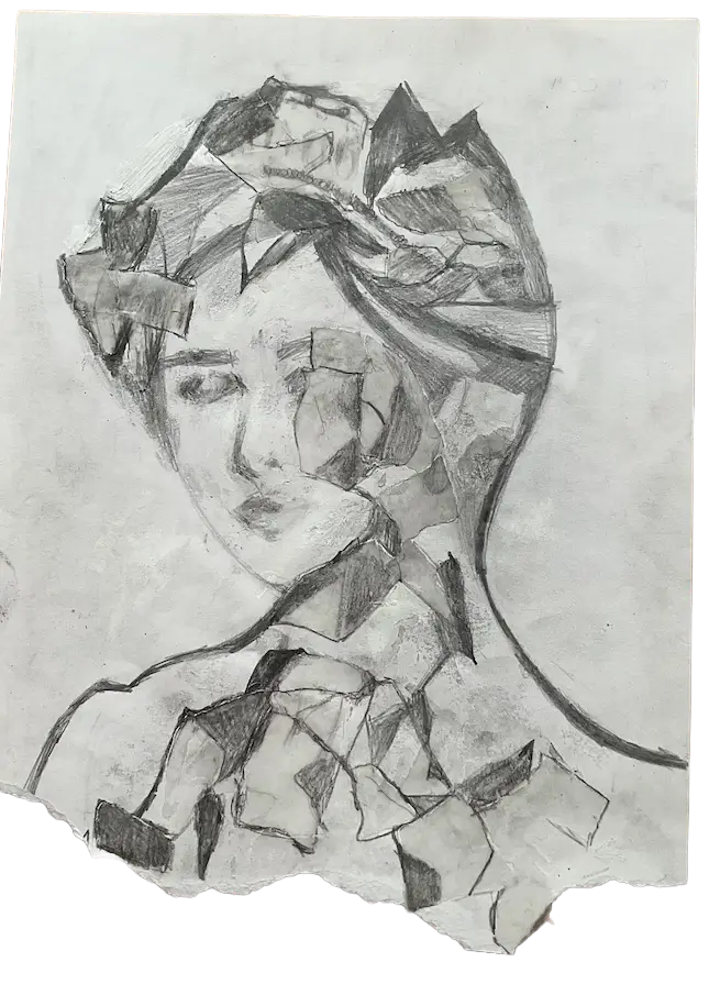 Crtež portreta žene koja je okrenuta blago u desno, lijevo oko i dio lica, vrata i kose je obljepljen malim komadićima prozirnog papira da izgleda polomljeno.