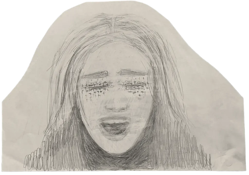 Portret žene koja vrišti sa malim križićima na zatvorenim očima, zamrljanih usana i crnim vratom. 