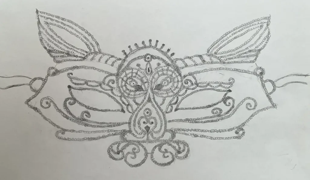 Crtež maske koja je prepuna zavijutaka i gdje su crte obrisa rađene malim kružnim potezima.