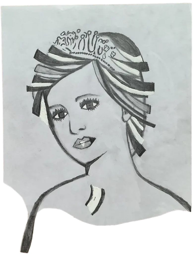 Crtež portreta žene iz mašte, glave okrenute blago u desno sa kontrasnim bijelim i crnim ravnim crtama koji čine obrise lica i kose i završavaju ravnim crtama.